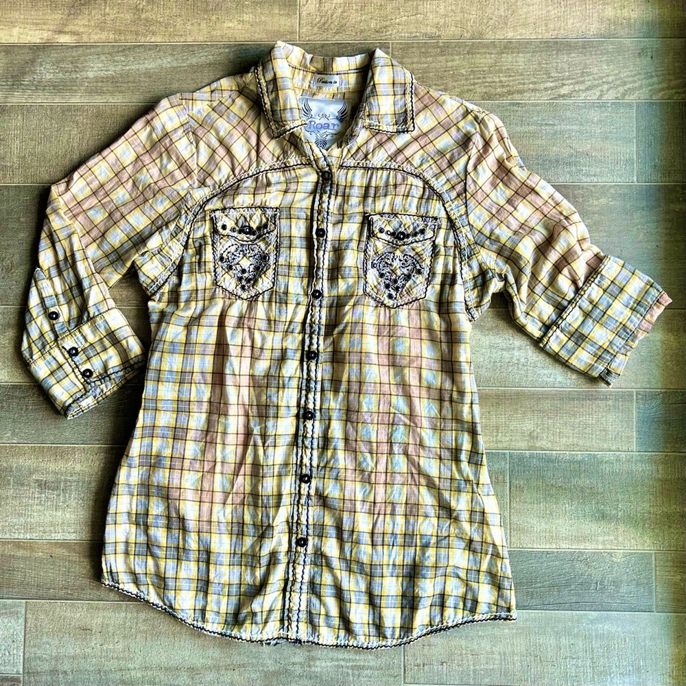 Roar XL Button Up Roll Tab Y2K Womens Top Yellow Plaid Western Rodeo Grunge